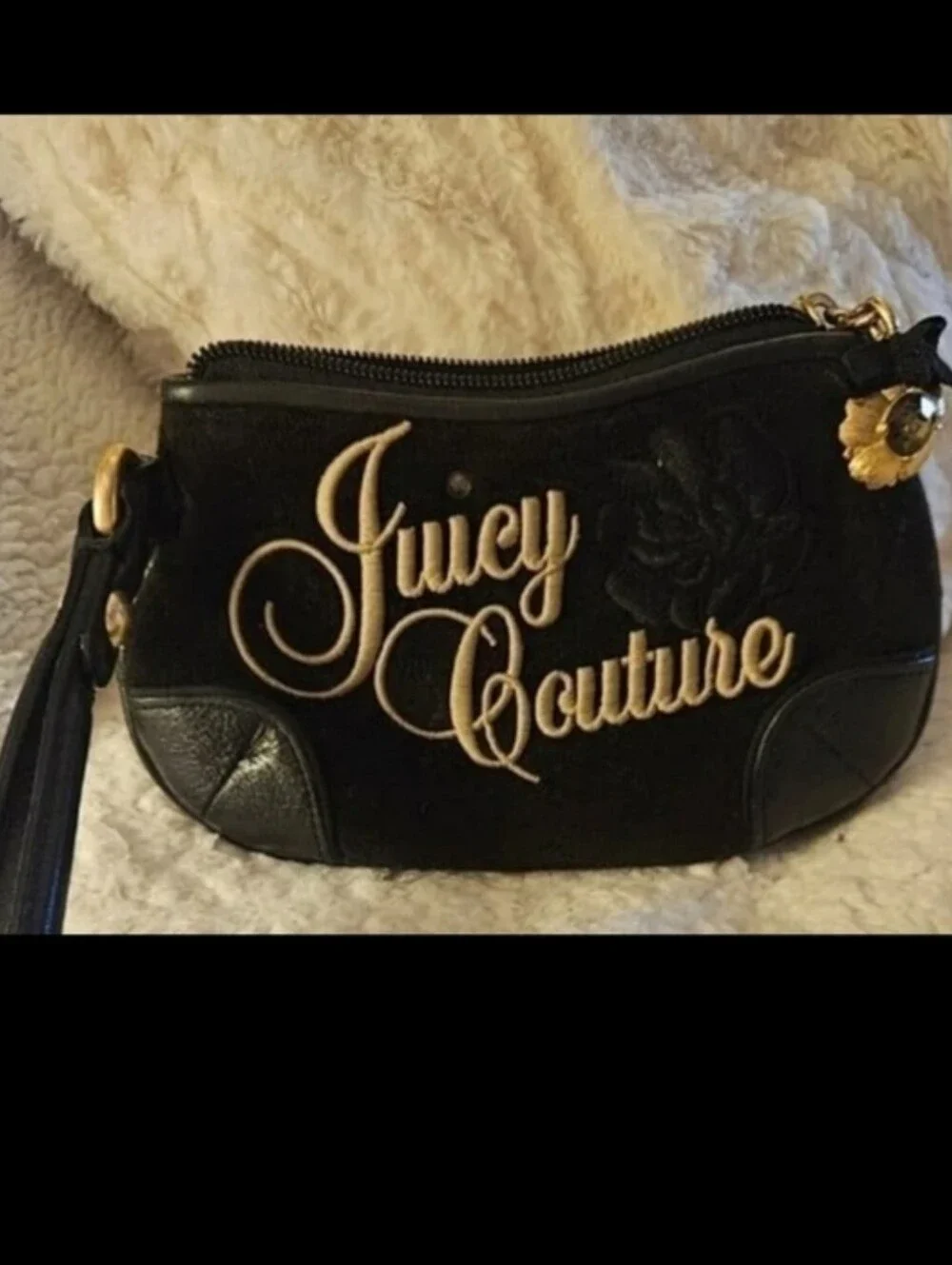 Rare Juicy Couture Y2k Black Velour Wristlet with Gold Embroidery And Charm